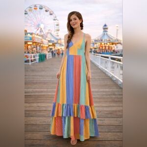 Colorful Stripe Tie Back Ruffle Maxi Dress | S